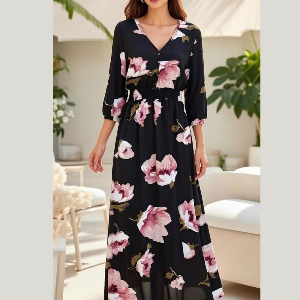 Floral Print Smocked Maxi Dress S Dark Academia Prairie Core Everyday Elegant